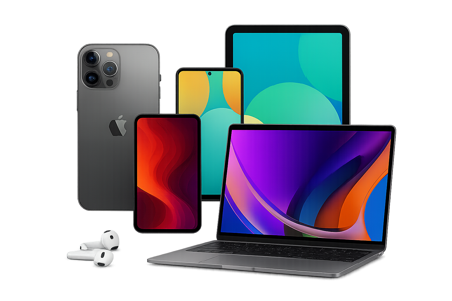 Collection of devices including iPhone, iPad, MacBook and AirPods